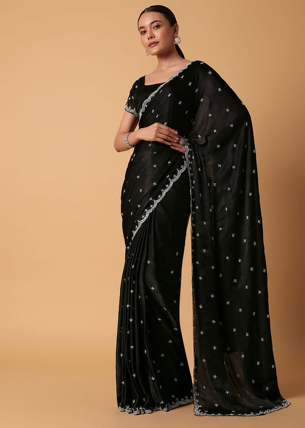 Black Satin Saree With Stone Embellishments