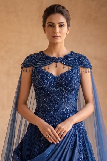 Blue Bead Embroidered Satin and Net Evening Gown