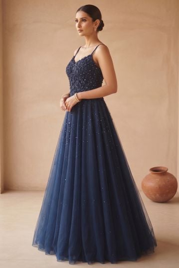 Blue Cutdana Embroidered Evening Net Gown with Strap Sleeves