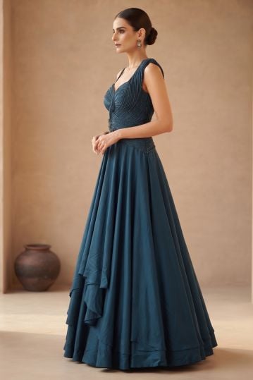 Blue Cutdana Embroidered Satin Evening Gown