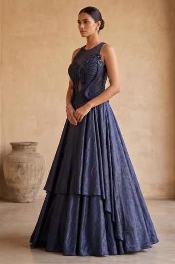 Blue Sequins Embroidered Flared Style Satin Evening Gown