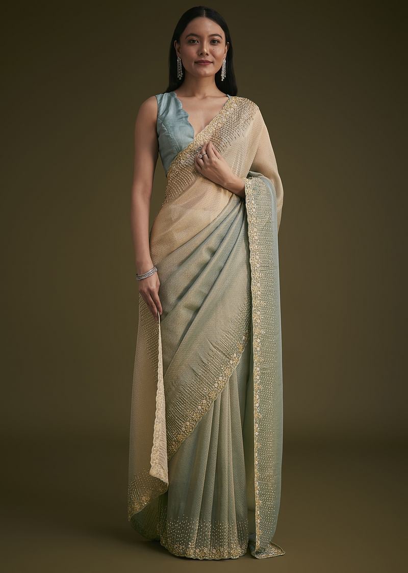 Blue Jacquard Saree With Cutdana And Stones Embroidery