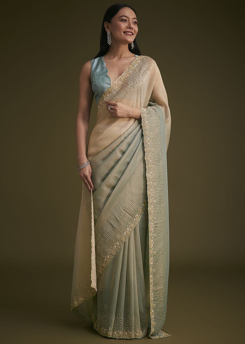 Blue Jacquard Saree With Cutdana And Stones Embroidery