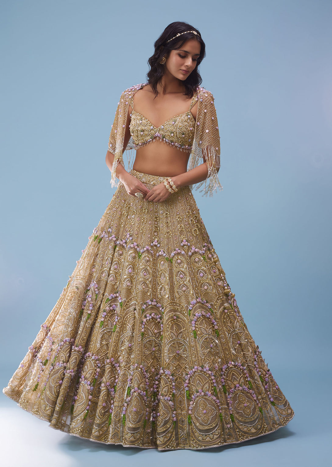 Bridal Naziaa Lehenga In Gold, Embroidered Shoulder Rest, And 3D Floral Embroidery