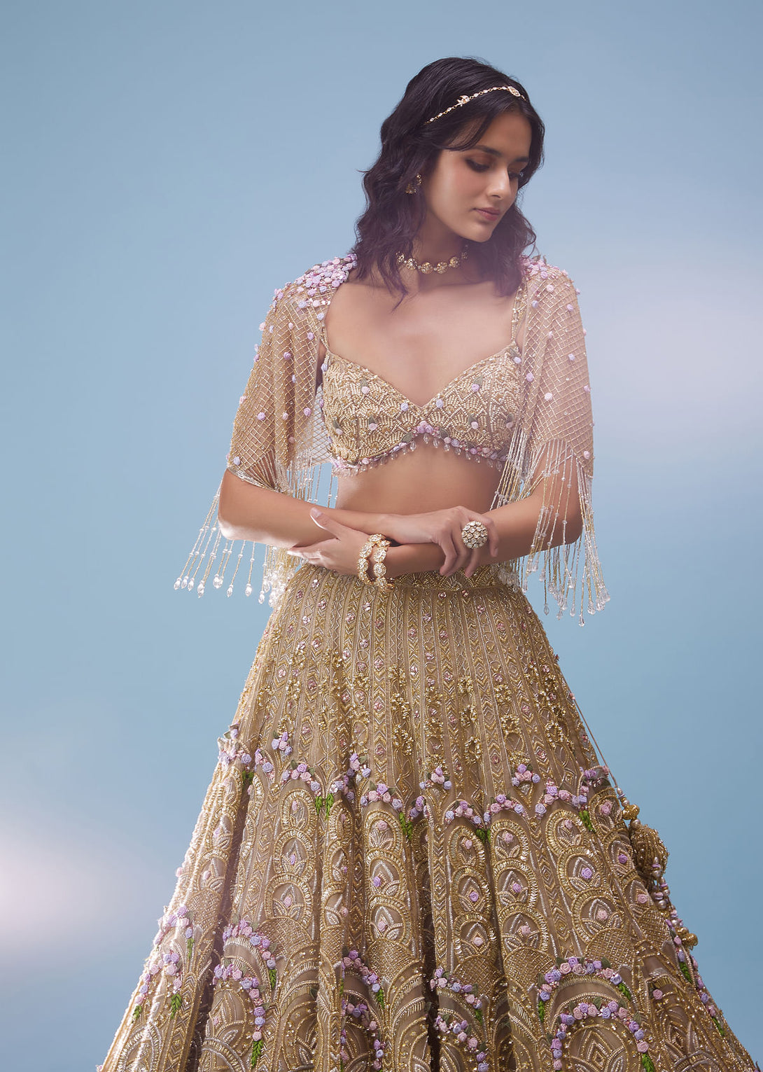 Bridal Naziaa Lehenga In Gold, Embroidered Shoulder Rest, And 3D Floral Embroidery