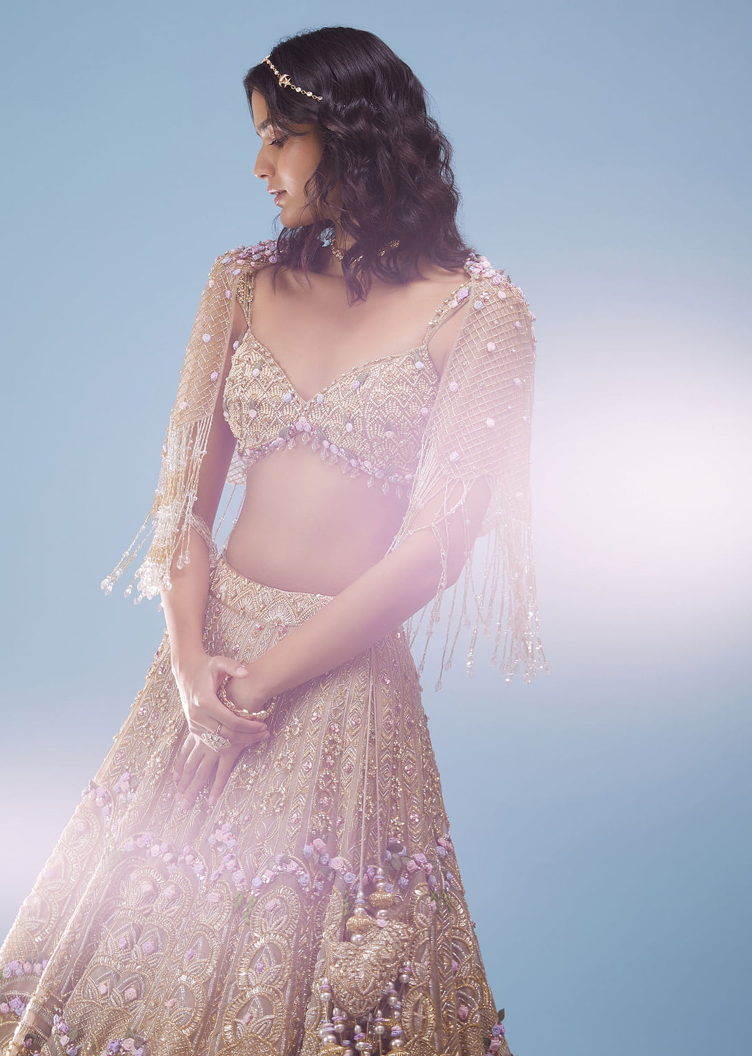 Bridal Naziaa Lehenga In Gold, Embroidered Shoulder Rest, And 3D Floral Embroidery