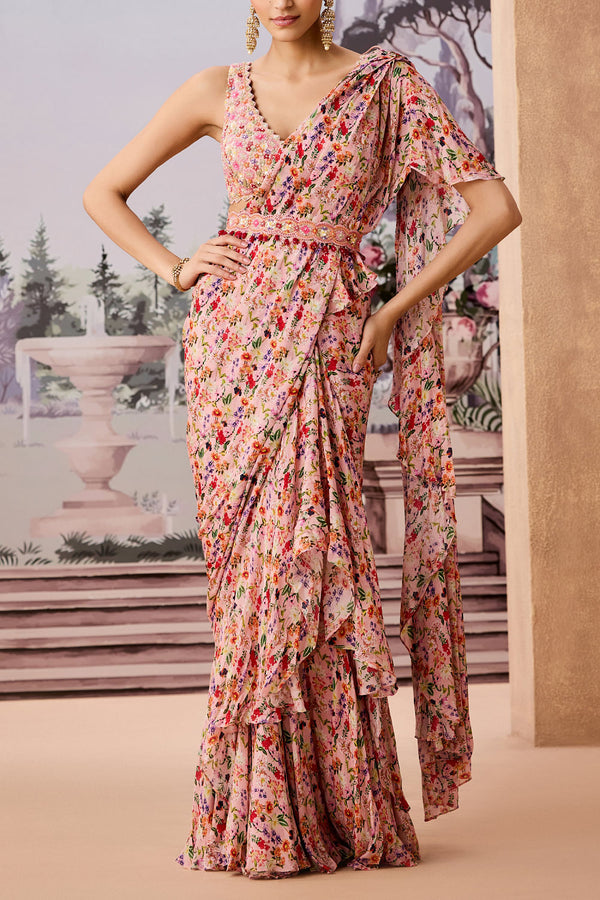 Peach floral chintz printed Pre-draped sari set