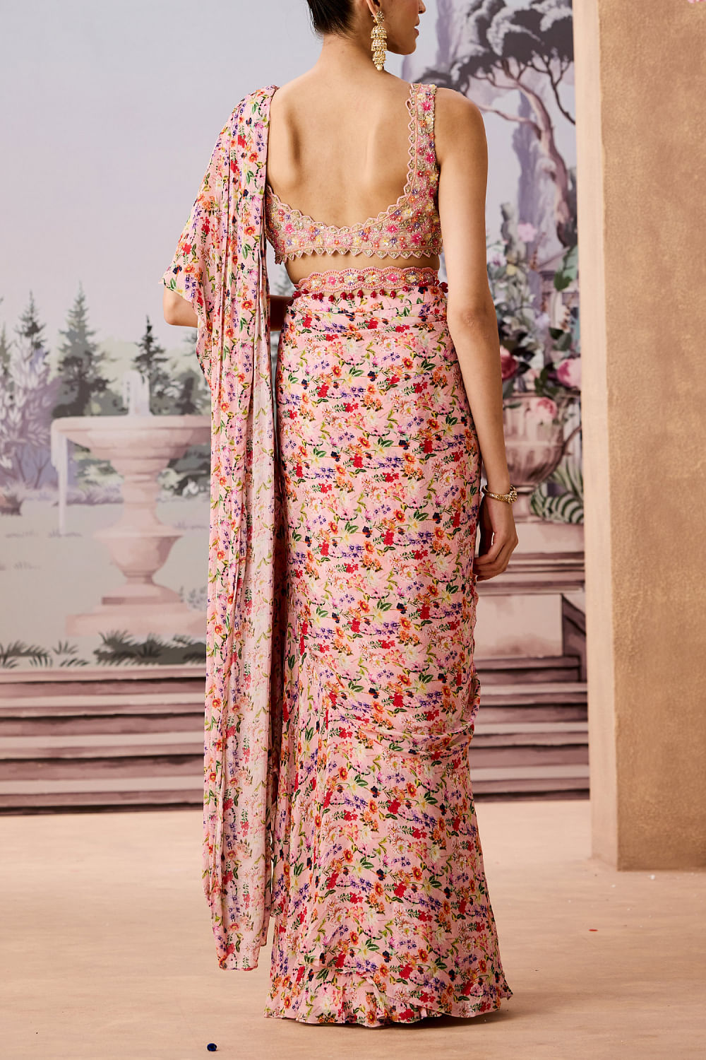 Peach floral chintz printed Pre-draped sari set