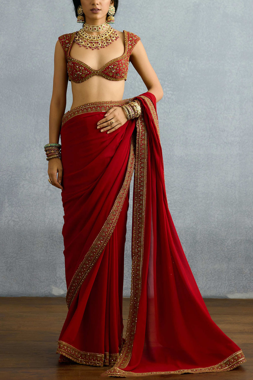 Red embroidered sari