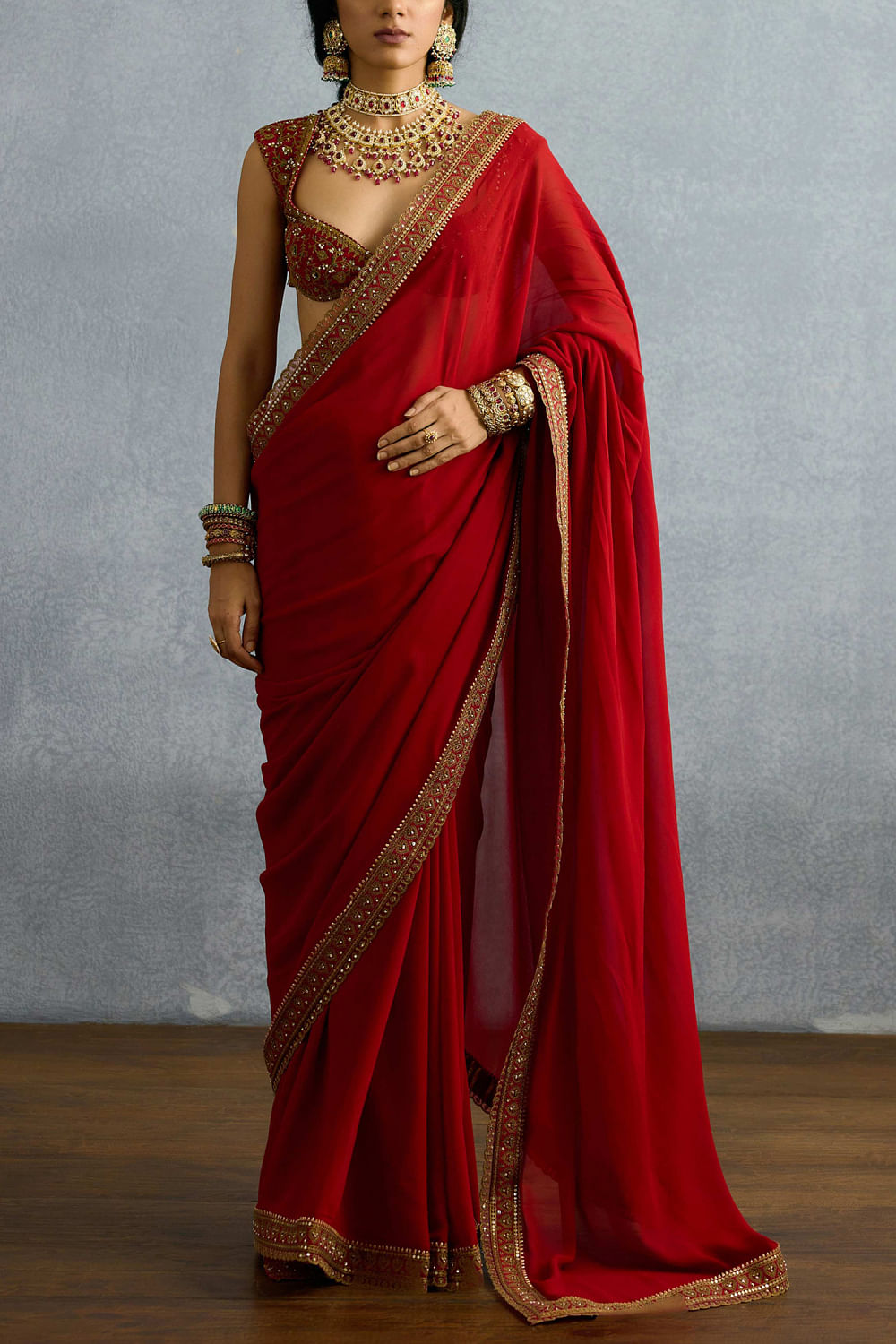 Red embroidered sari