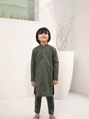 Army Green Embroidered Cotton Kurta Trouser