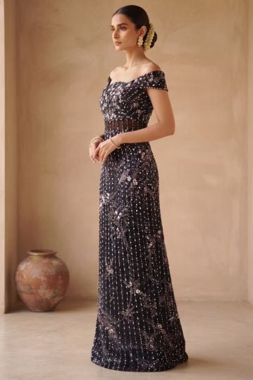 Dark Purple Sequins Embroidered Off Shoulder Cocktail Gown