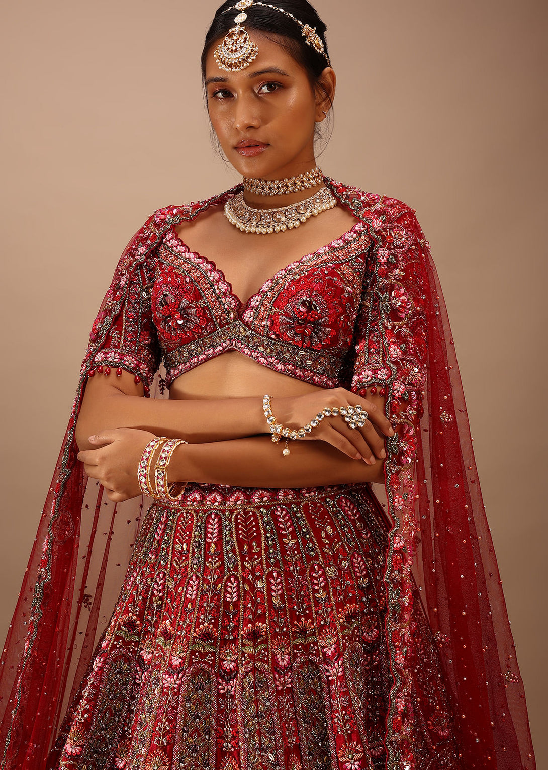 Dark Red Lehenga With A Crop Top In Royal Heritage Embroidery, Crop Top Comes In Scalloped Neckline