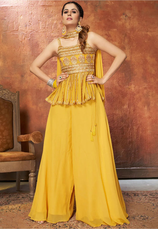 Embroidered Georgette Peplum Style Pakistani Suit in Mustard