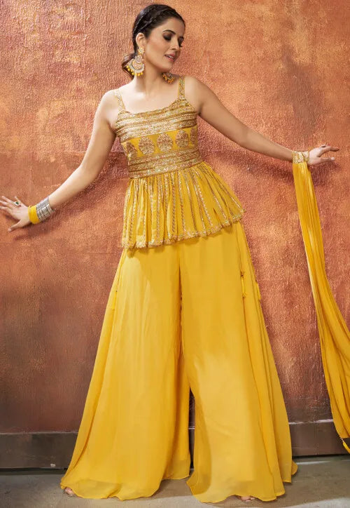 Embroidered Georgette Peplum Style Pakistani Suit in Mustard