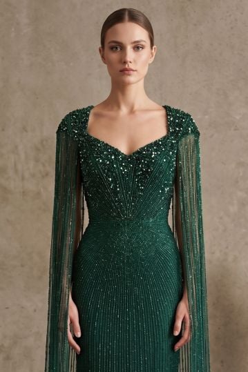 Emerald Green Sequins Embroidered Net Evening Gown with Cape Sleeves