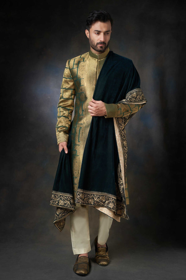 Emerald Green Sherwani with Velvet Shawl - Silk and Zari Handcrafted
