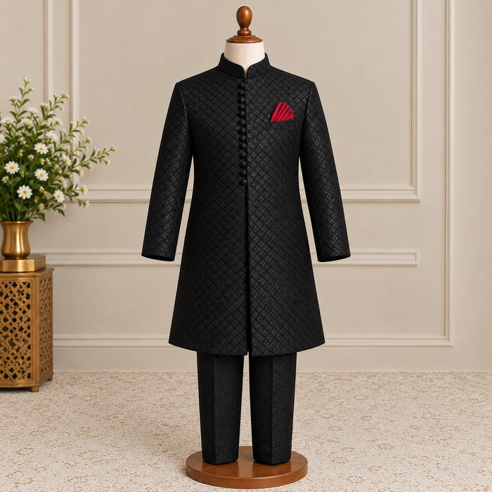 Royal Black Self Embroidered Loops Sherwani with Trouser