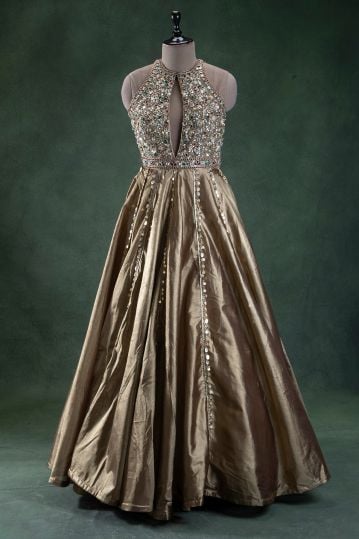 Gold Stone Embroidered Tissue Cocktail Gown