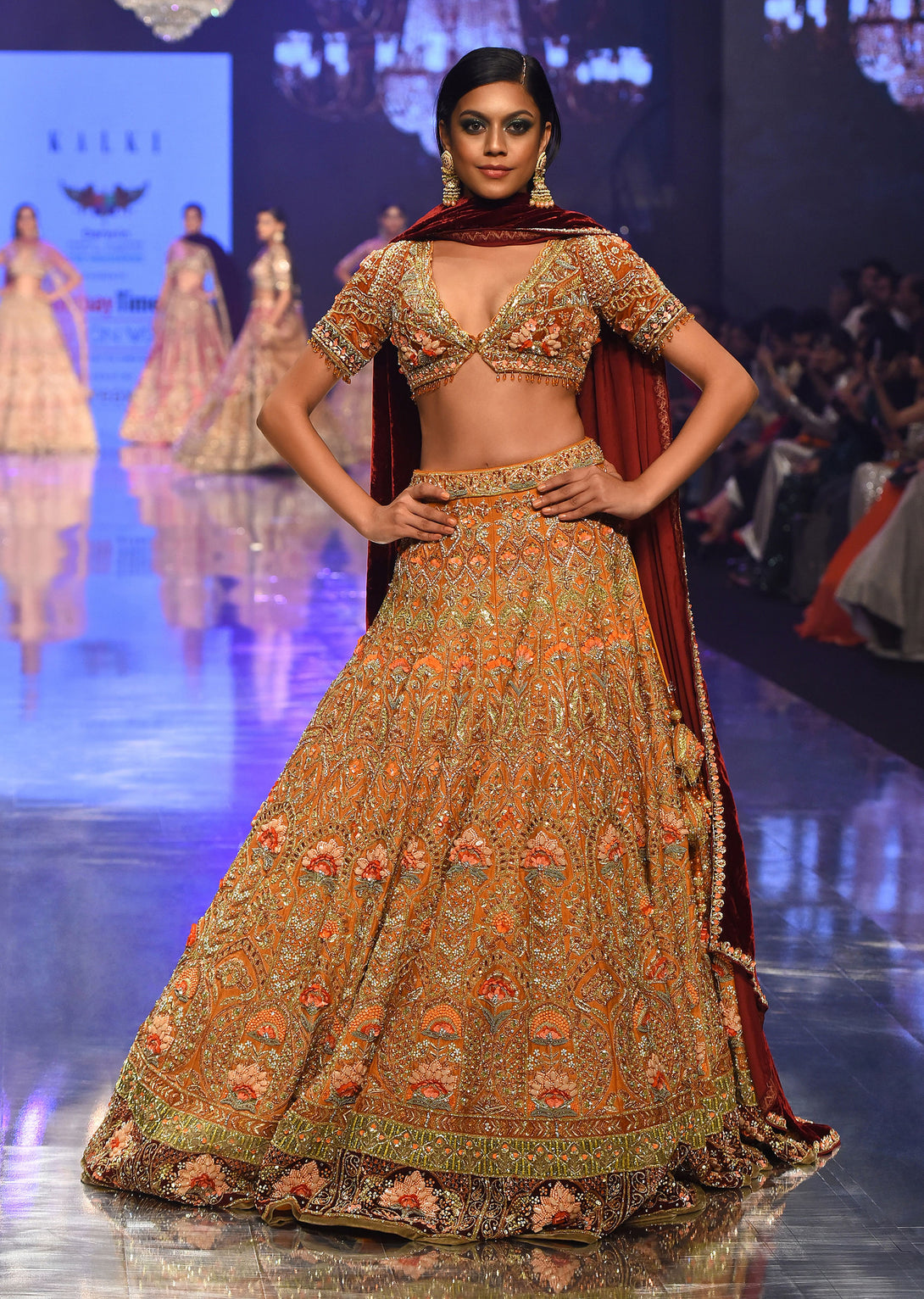 Rust Orange Embroidered Bridal Lehenga Set With Aari Work