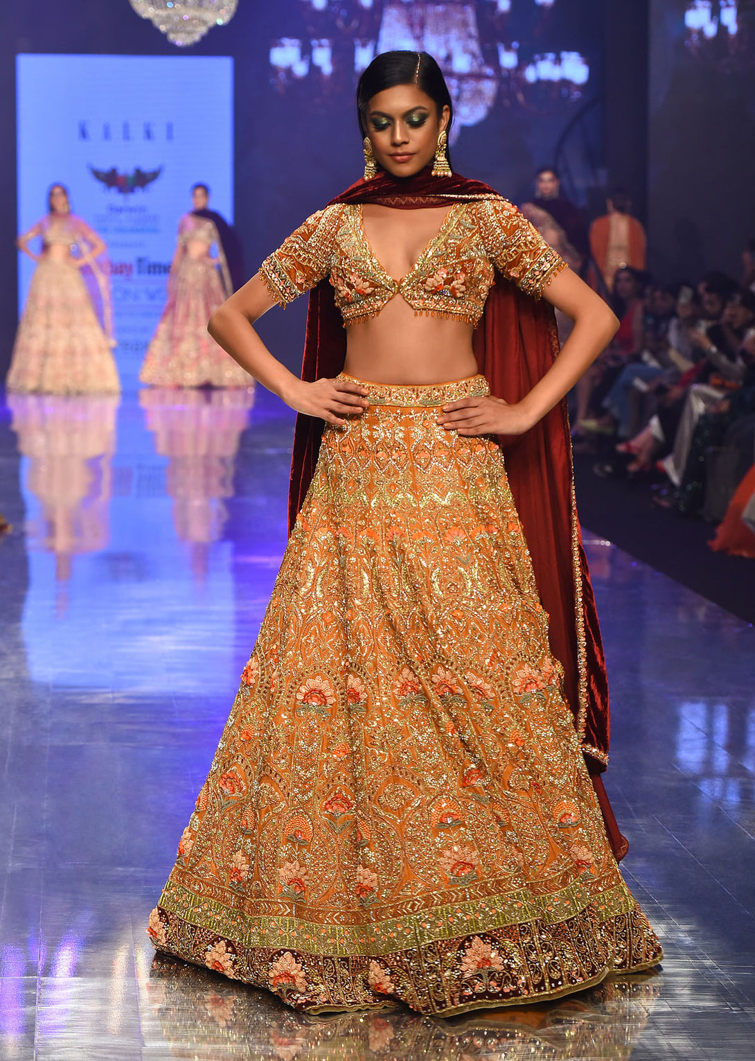 Rust Orange Embroidered Bridal Lehenga Set With Aari Work