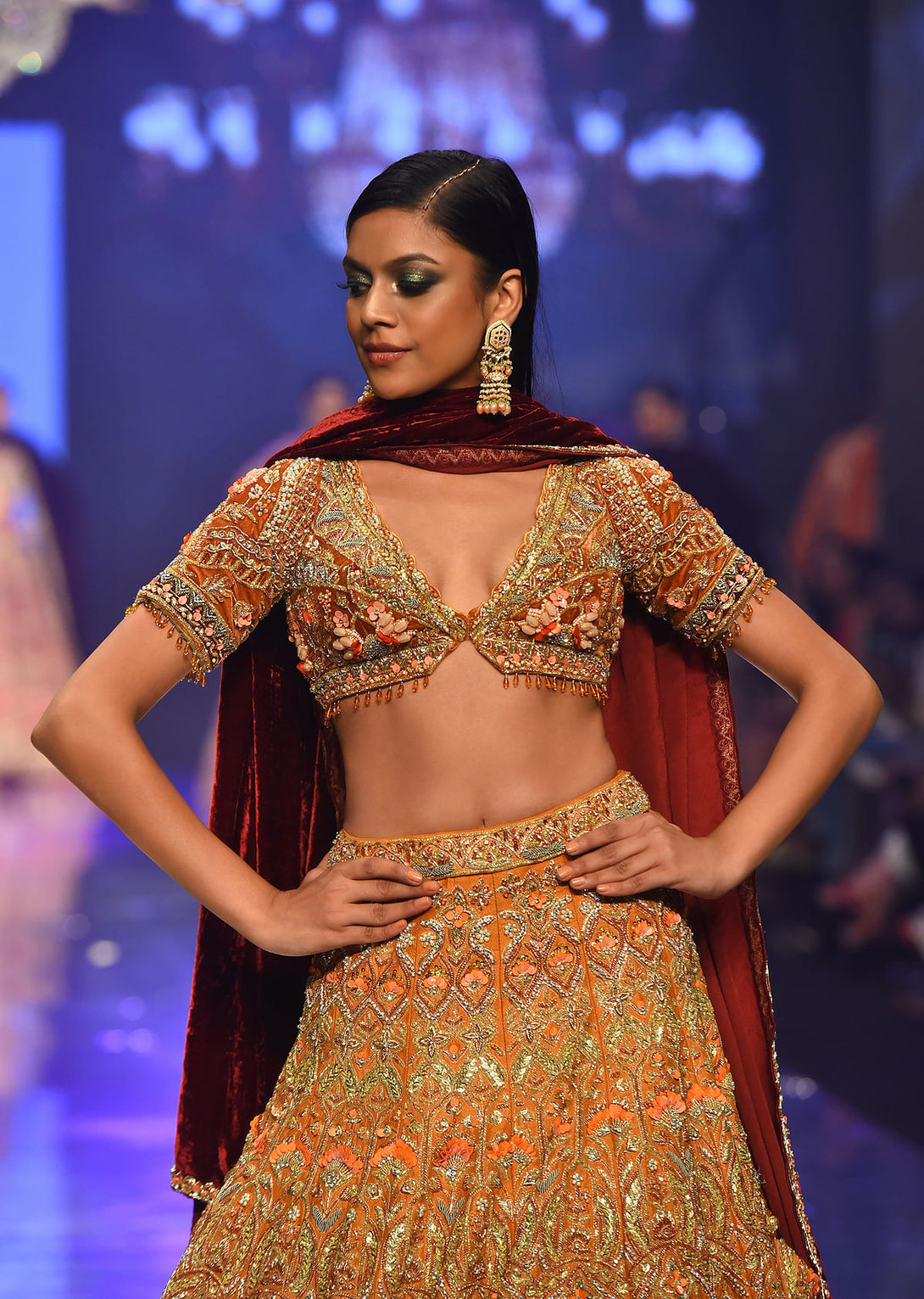 Rust Orange Embroidered Bridal Lehenga Set With Aari Work