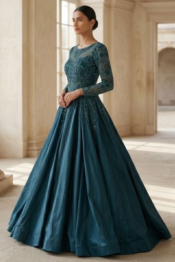 Green Bead Embroidered Glass Tissue Cocktail Gown with Illusion Neck
