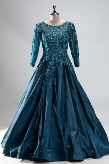 Green Bead Embroidered Glass Tissue Cocktail Gown with Illusion Neck