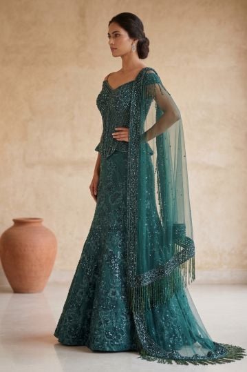Green Sequins Embroidered Mermaid Style Evening Gown