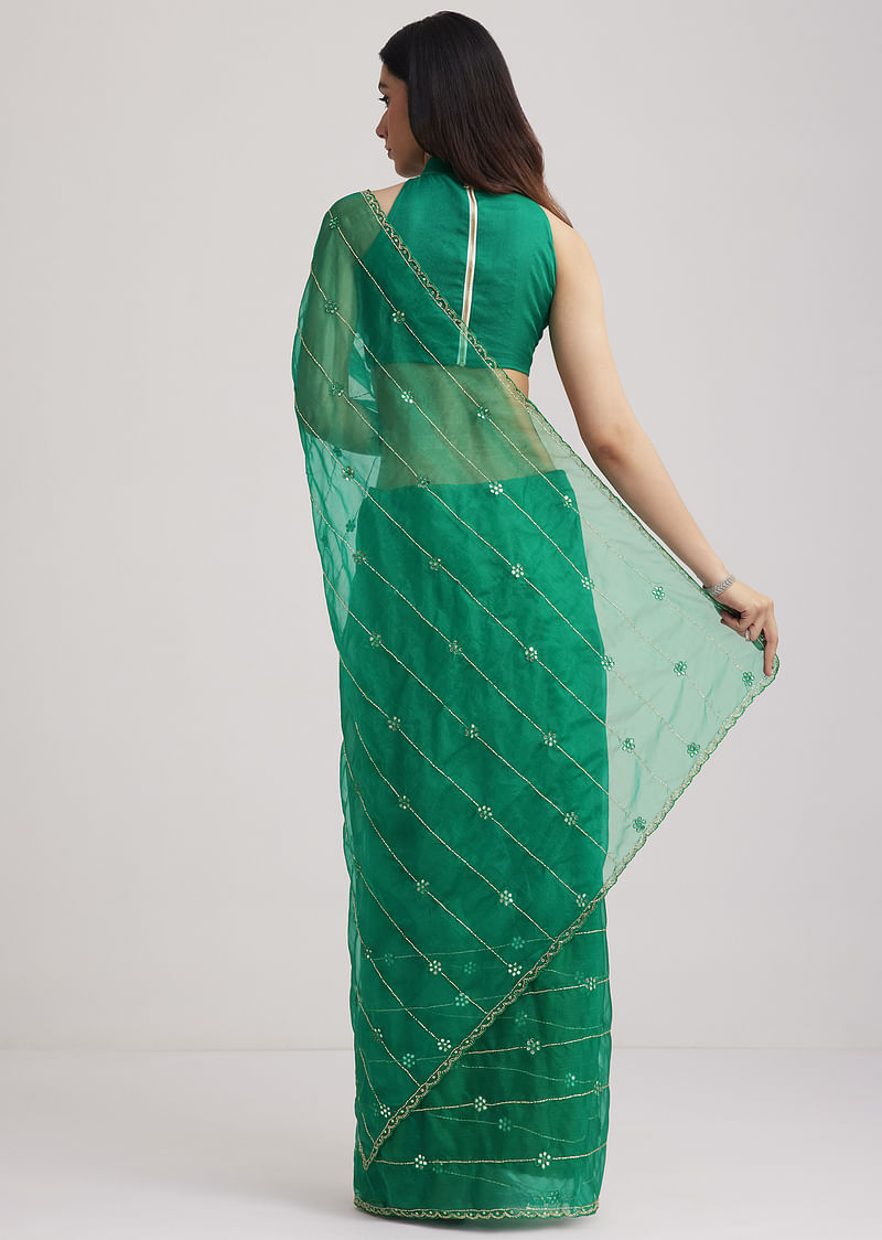 Green Organza Saree With Cutdana Embroidery