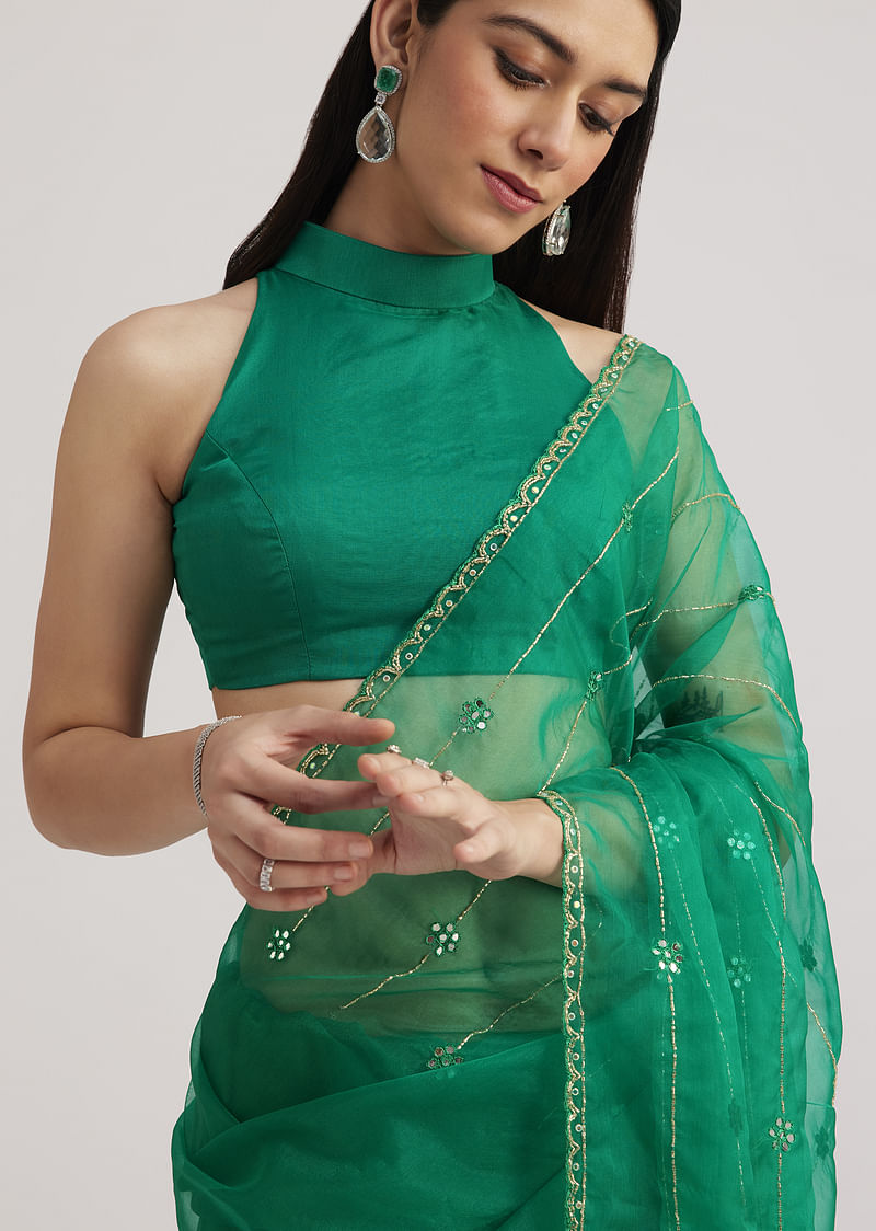 Green Organza Saree With Cutdana Embroidery