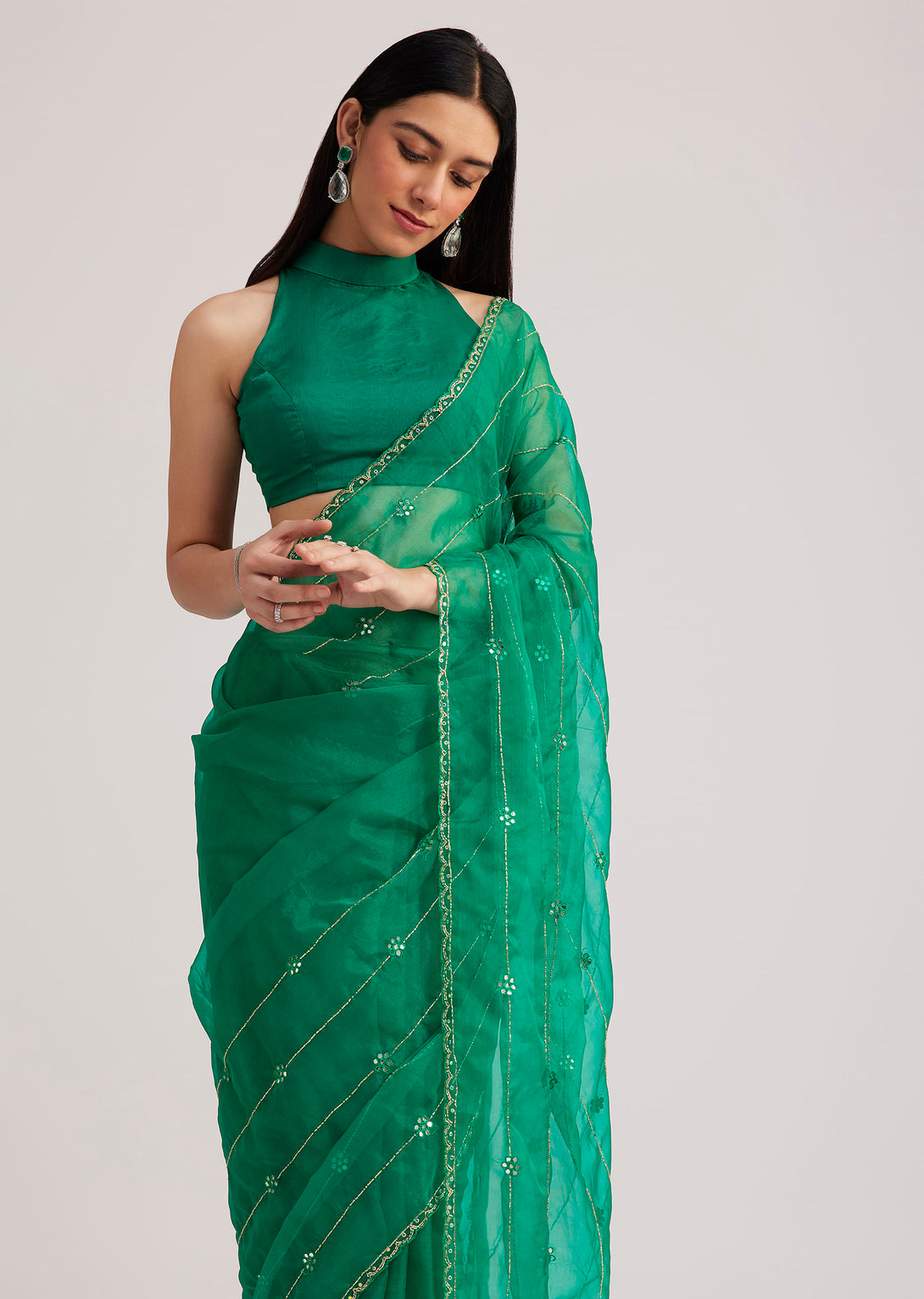 Green Organza Saree With Cutdana Embroidery