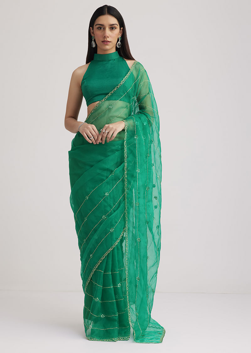 Green Organza Saree With Cutdana Embroidery