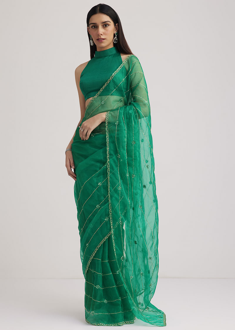 Green Organza Saree With Cutdana Embroidery