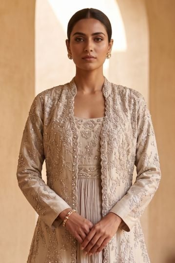Grey Sequins Embroidered Tissue Evening Gown with Embroidered Jacket