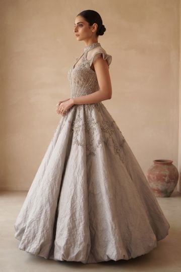 Grey Stone Embroidered Net Evening Gown