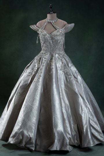 Grey Stone Embroidered Net Evening Gown