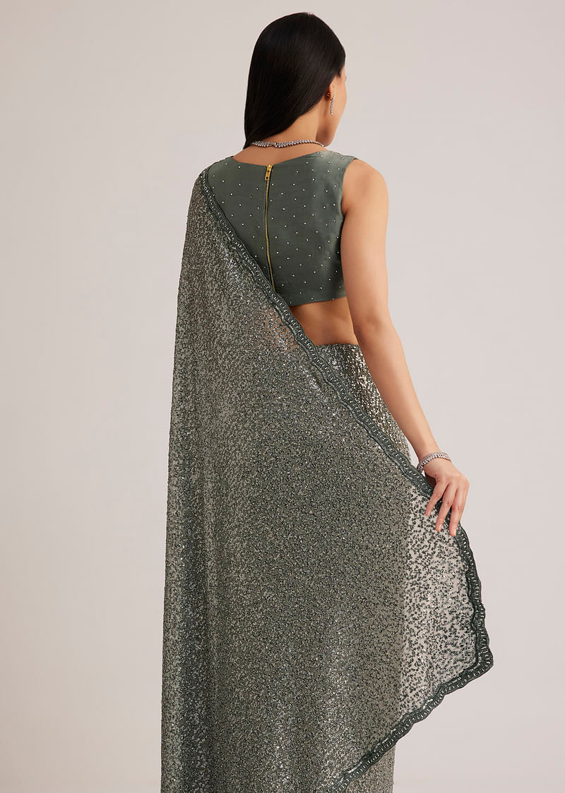 Grey Sequins Net Saree