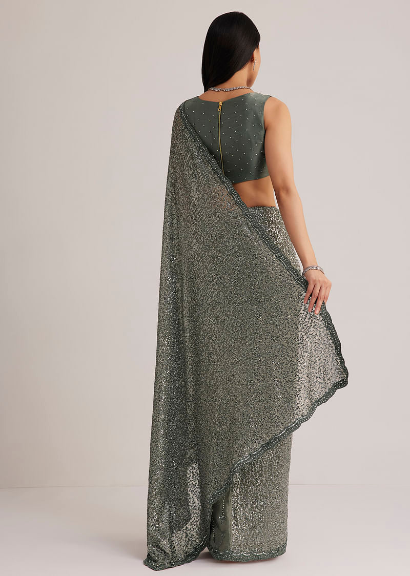 Grey Sequins Net Saree