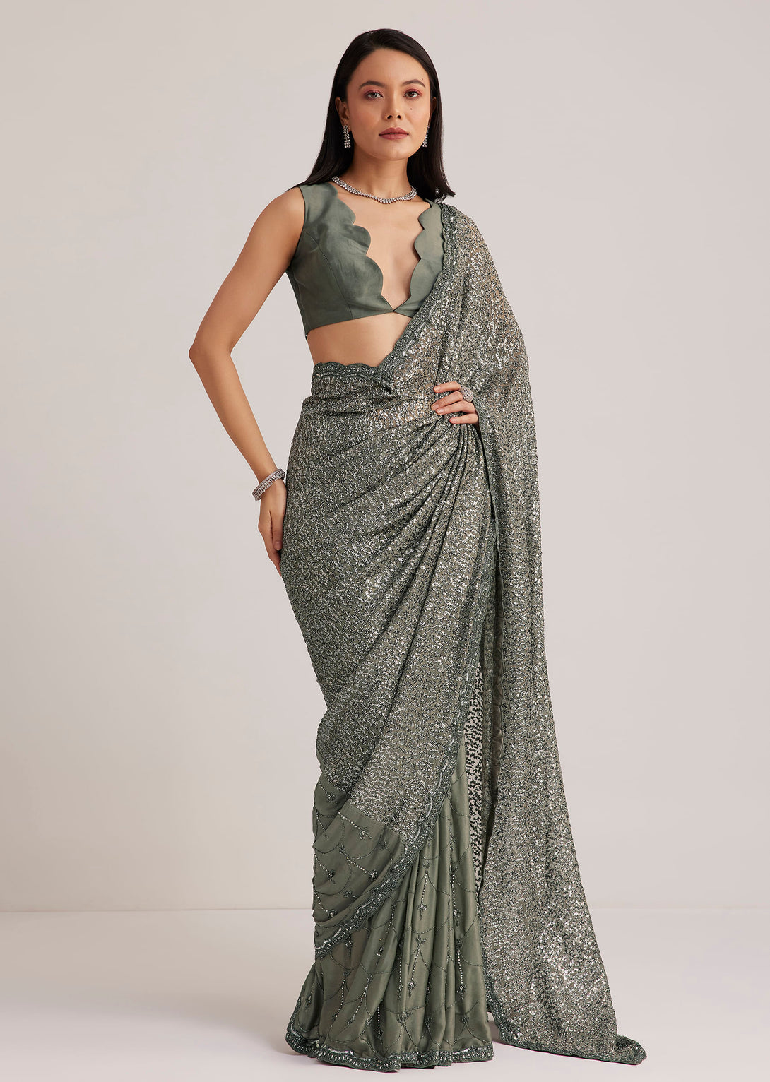 Grey Sequins Net Saree