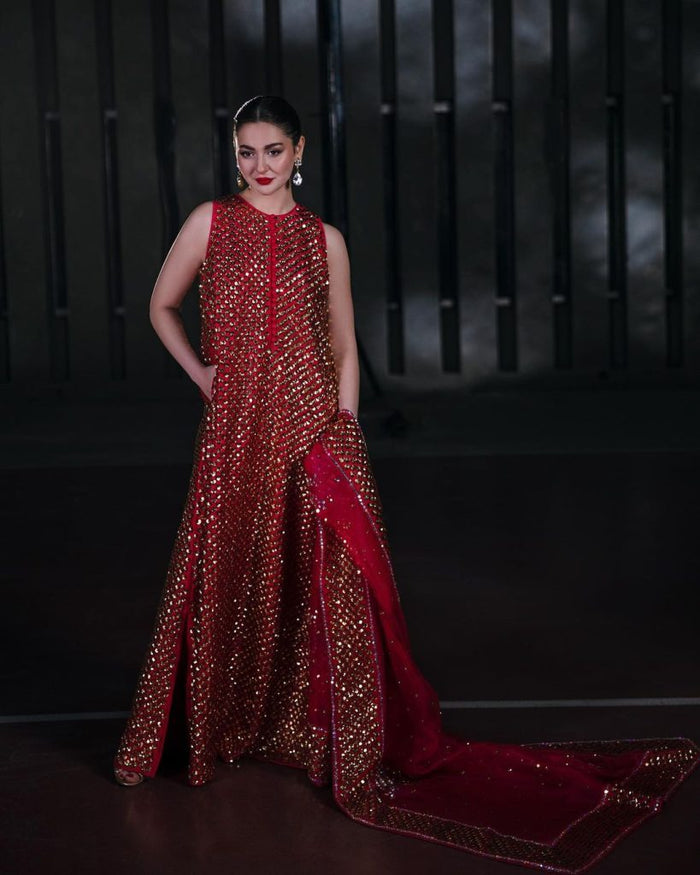 Red Bud Embellished Raw Silk Maxi