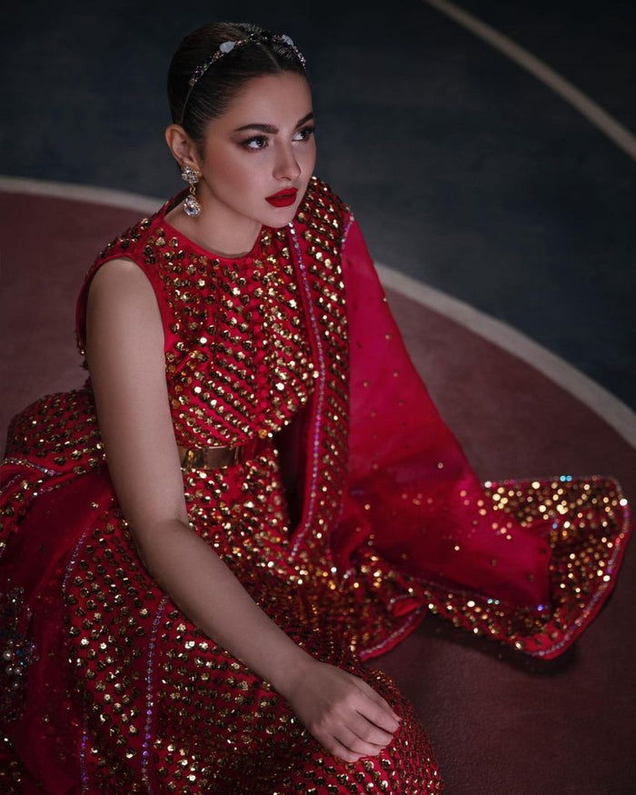 Red Bud Embellished Raw Silk Maxi