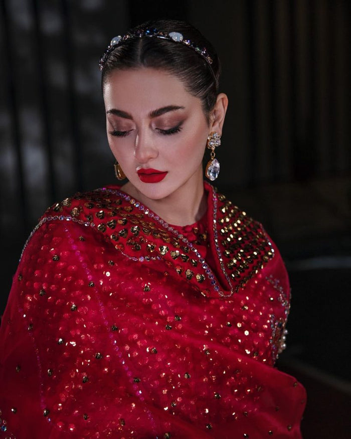 Red Bud Embellished Raw Silk Maxi