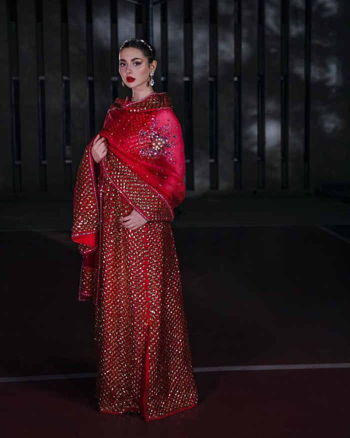 Red Bud Embellished Raw Silk Maxi