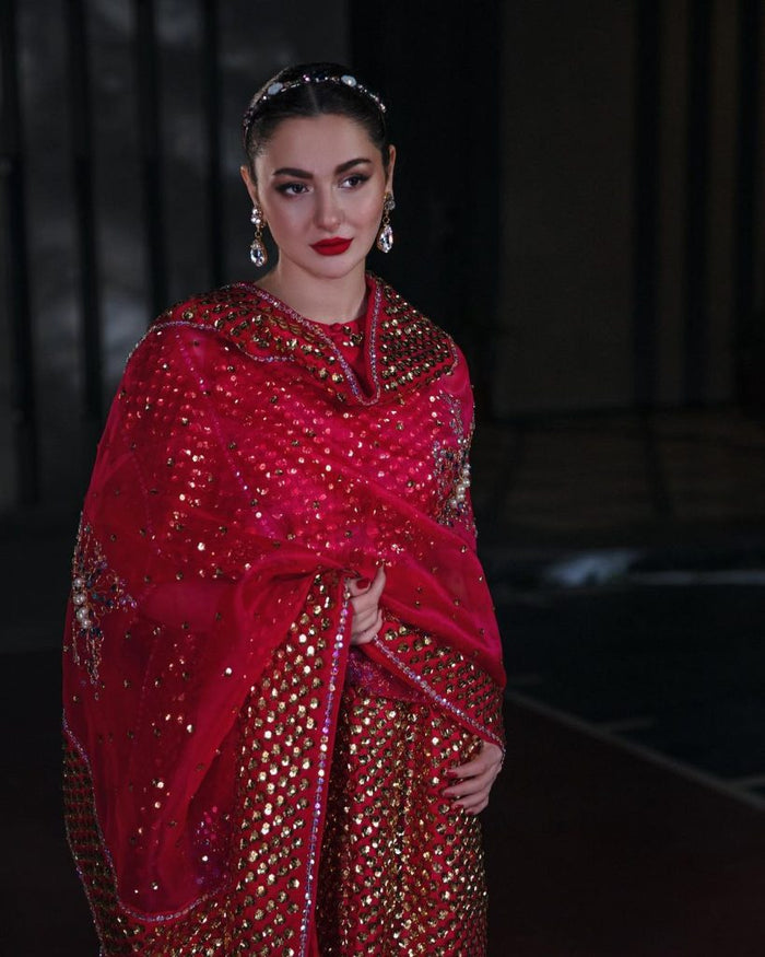 Red Bud Embellished Raw Silk Maxi