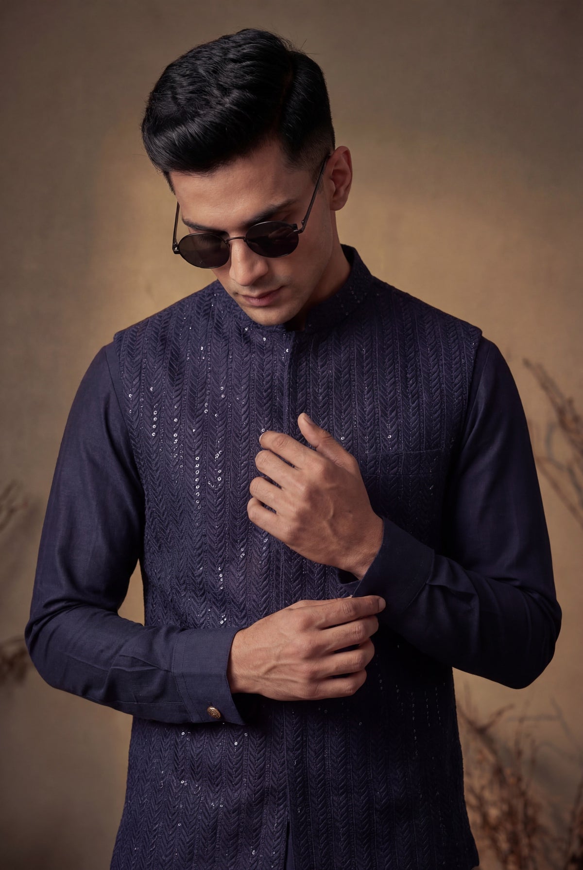 Blue Sequence Embossed Waistcoat