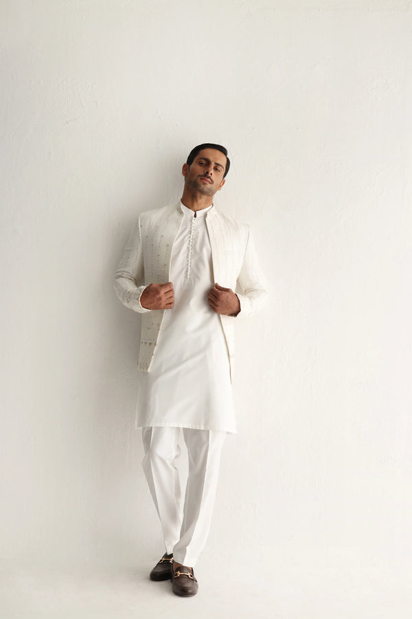 WHITE EMBOSSED SEQUENCE FRONT OPEN PRINCE COAT