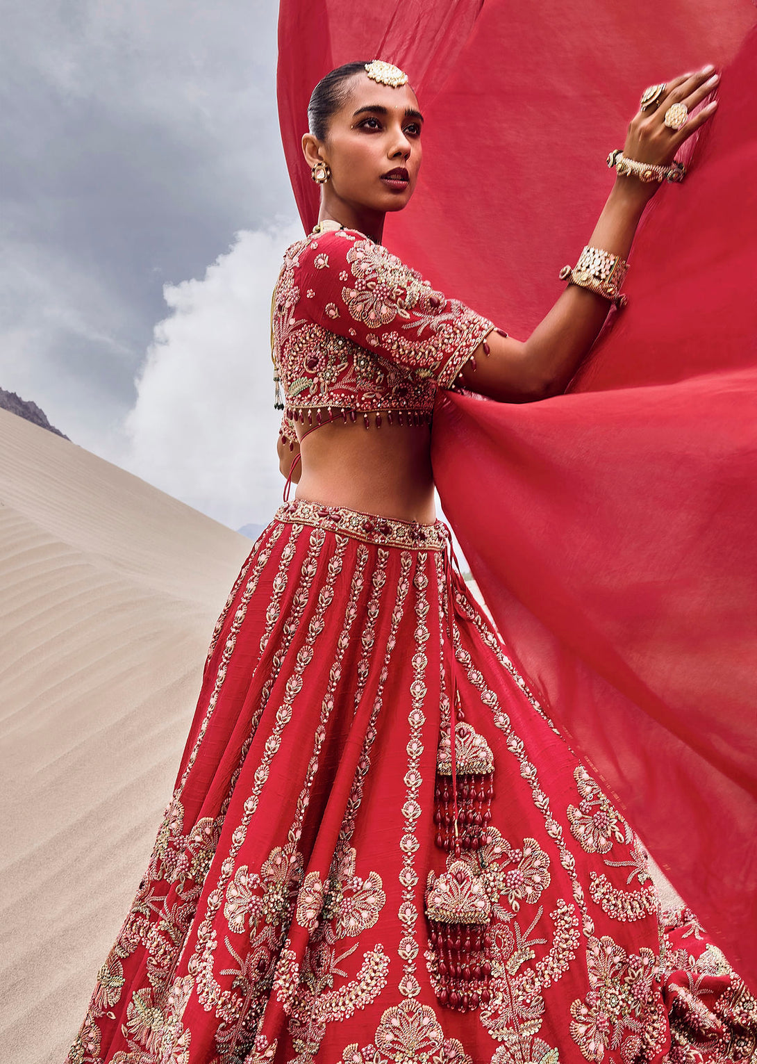 Red Zardosi Embroidered Lehenga Set With Two Dupattas