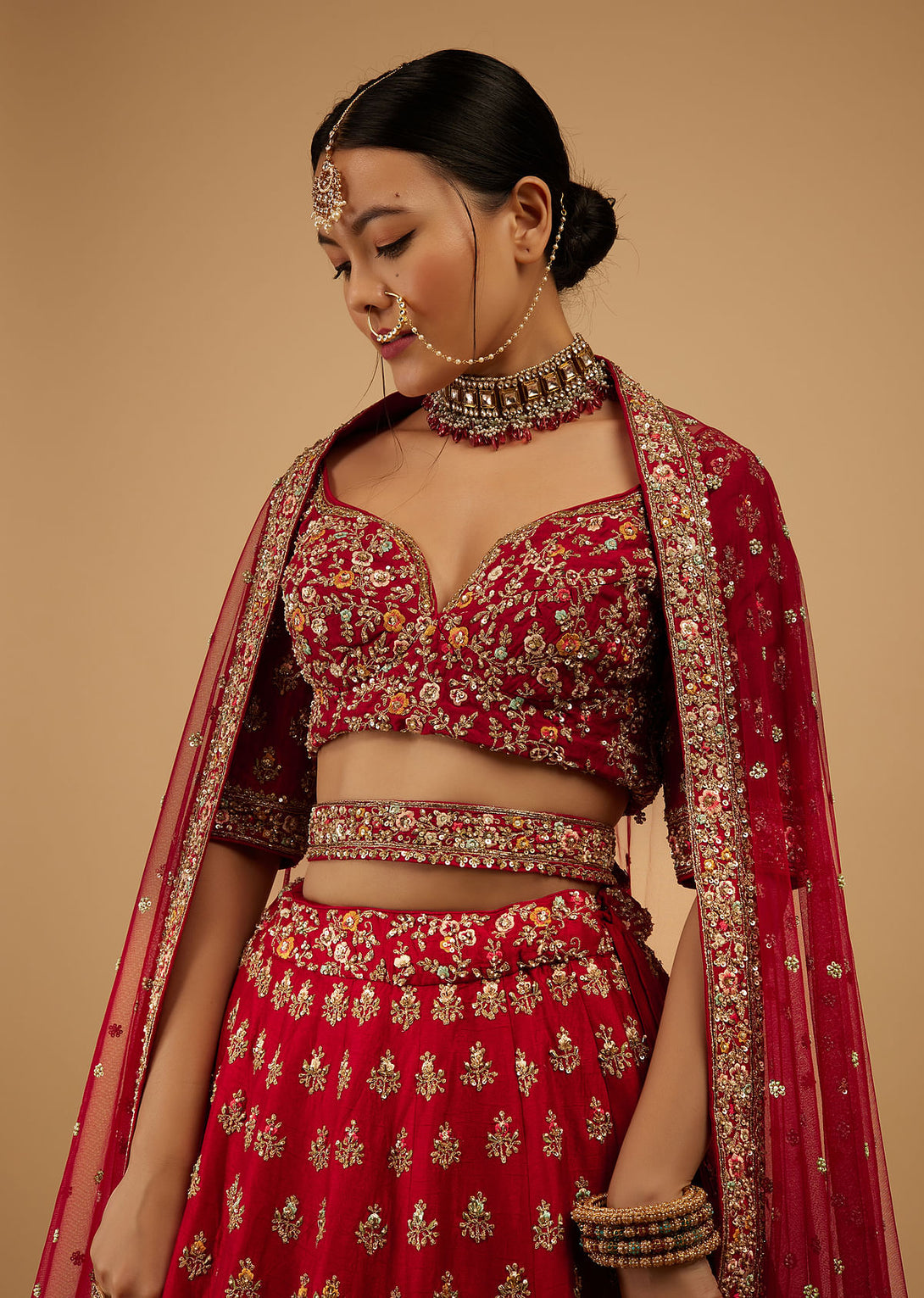 Bride And Baraat Cherry Red Fully Embroidered Lavish Lehenga Choli With Belt