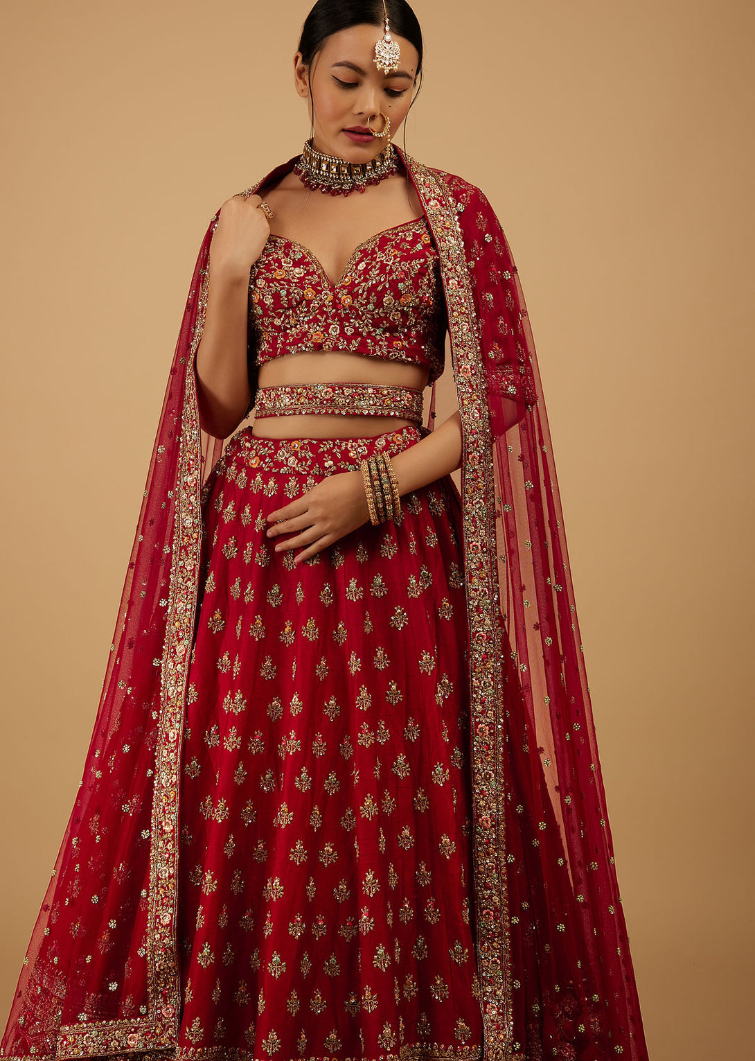 Bride And Baraat Cherry Red Fully Embroidered Lavish Lehenga Choli With Belt